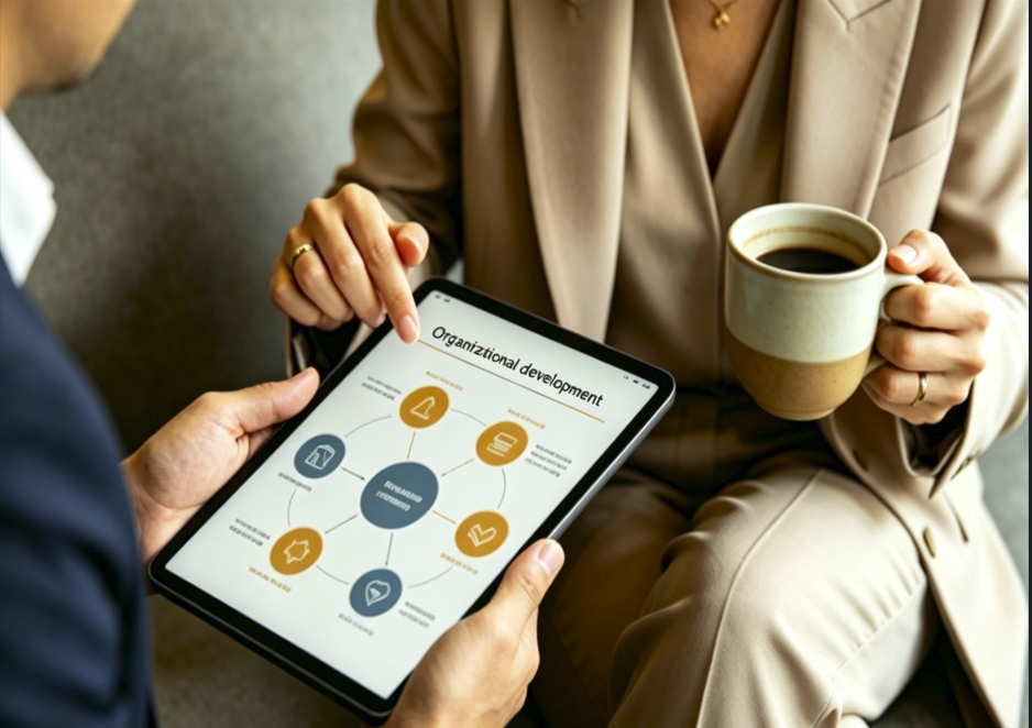 Two business professionals reviewing an organizational development diagram together