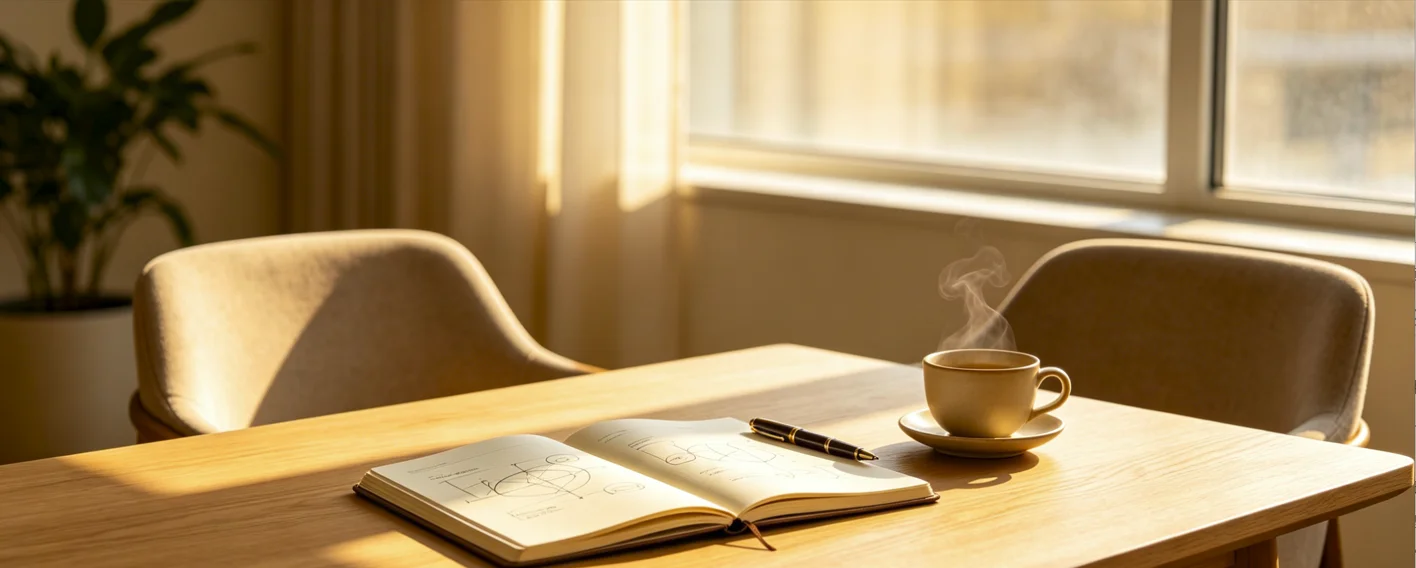 A sunlit workspace with an open notebook, pen, and a cup of coffee